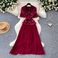 Elegant red lace short-sleeve patchwork dress - women's summer high-end commute style with pleated skirt