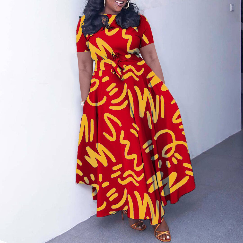 Q128 cross-border fashionable short-sleeve printed plus-size high-waisted a-line midi dress - new european and american style
