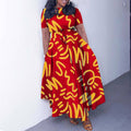 Q128 cross-border fashionable short-sleeve printed plus-size high-waisted a-line midi dress - new european and american style