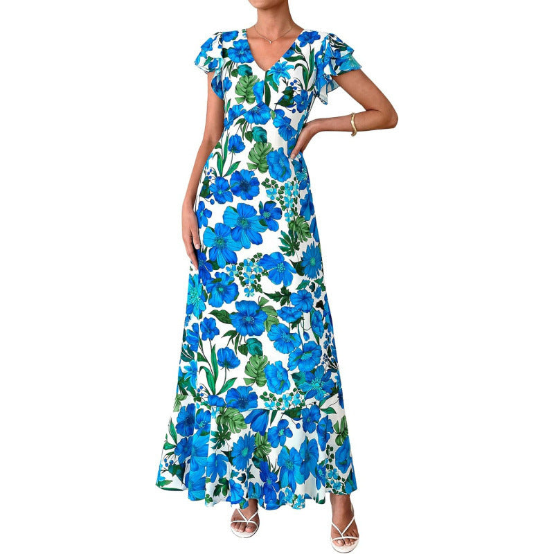 Summer floral maxi dress  spring short sleeve ruffle v-neck flowy bohemian beach vacation sundress