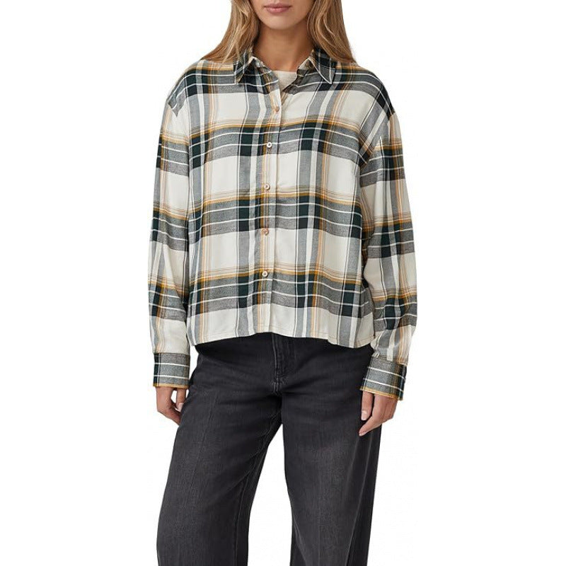 Amazon fashionpolo collar plaidlong sleevesshirt women's  spring new arrivalretrofashiontops