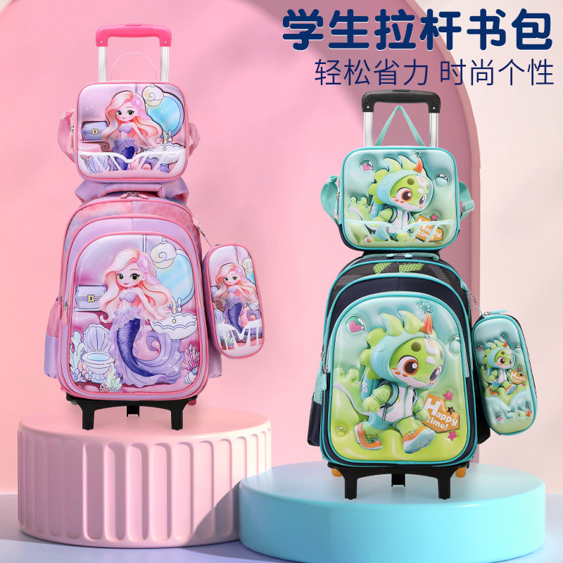New arrival concave and convex leather primary school student pull rod school bag for grades 3 to 6 kids cartoon three-piece set backpack in stock