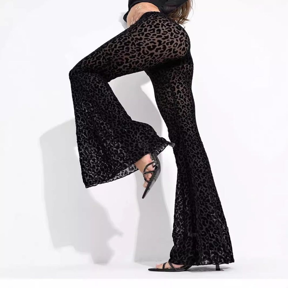 European and american style cross-border independent website women's hot-selling sexy mesh flocked high-waisted leg-lengthening slightly flared casual pants