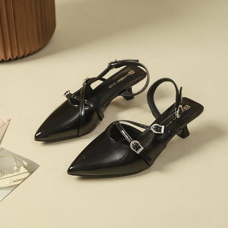 2025 new french-style patent leather pointed-toe pumps with buckle strap, soft sole, stiletto heel