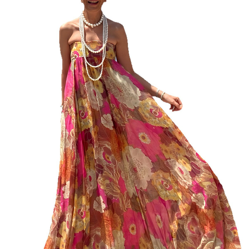 2025 new european and american amazon cross-border e-commerce women's sleeveless bandeau dress with slim-fit rose red print