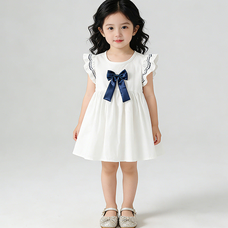 Girls' dress  new summer collection: stylish and chic princess dress for baby girls, featuring bow detail and flutter sleeves