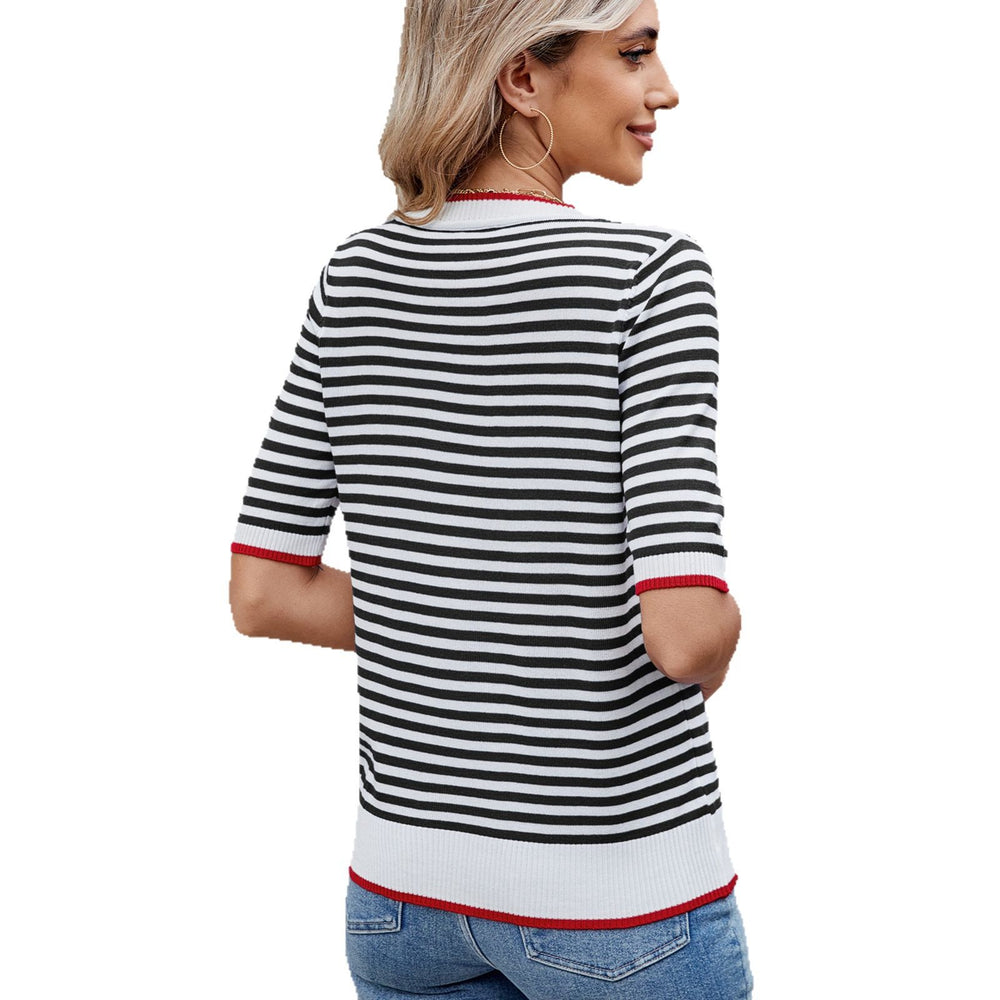European and american cross-border e-commerce women's summer  striped knit t-shirt short sleeve ice silk color block british preppy style