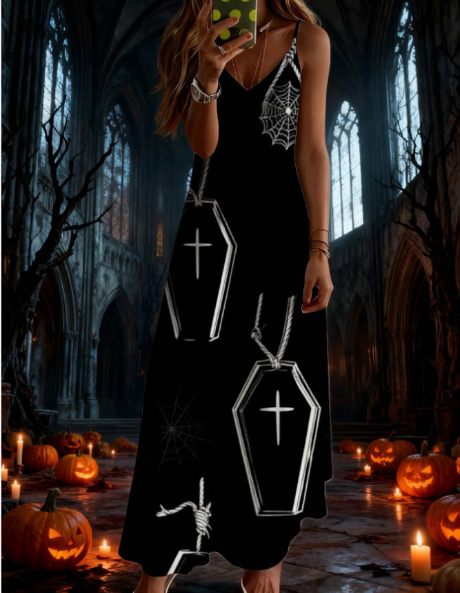 halloween pattern printing longdressv neckloose vacation suspender skirt