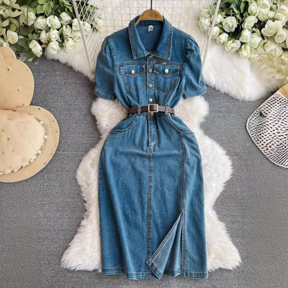 Casual denim dress women's summer  new style hong kong style elegant waist slimming look medium long slit skirt