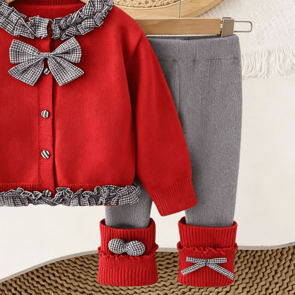 Girls' knitted cardigan and leggings set - new  spring/autumn collection - plaid bowknot cardigan sweater with scrunch socks