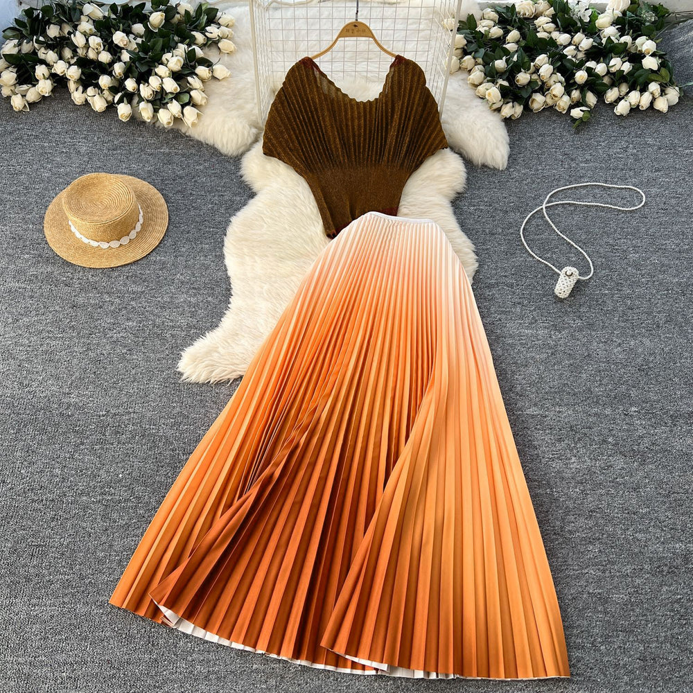 Miya pleated suit women's summer sense of design silm sparkly short sleeve topshigh waist gradient color pleated skirt