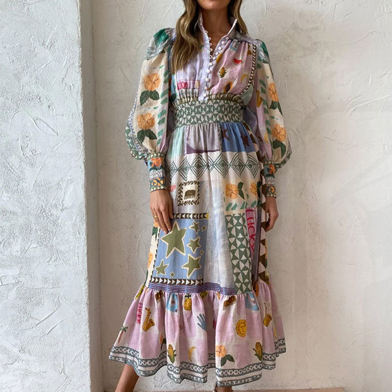 cross-border e-commerce european and american women's clothing: new summer collection - vintage lantern sleeve printed long-sleeve pleated dress