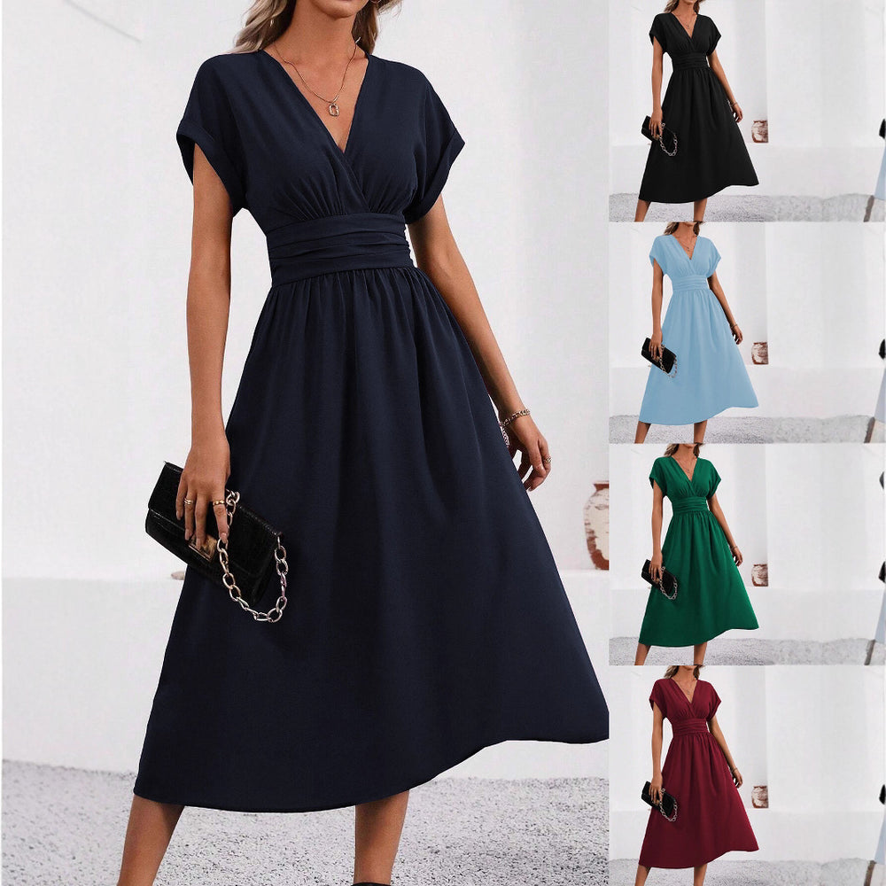 Women's summer solid color overlapping v-neck batwing sleeve waist ruched maxi elegant dress, women's long dress