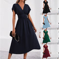 Women's summer solid color overlapping v-neck batwing sleeve waist ruched maxi elegant dress, women's long dress