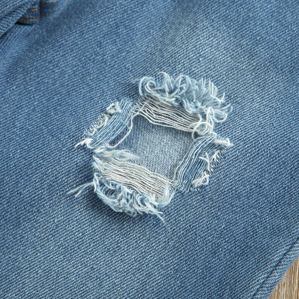 Girls' summer denim outfit: white lace cami top with beaded detail & distressed denim pants, includes headband