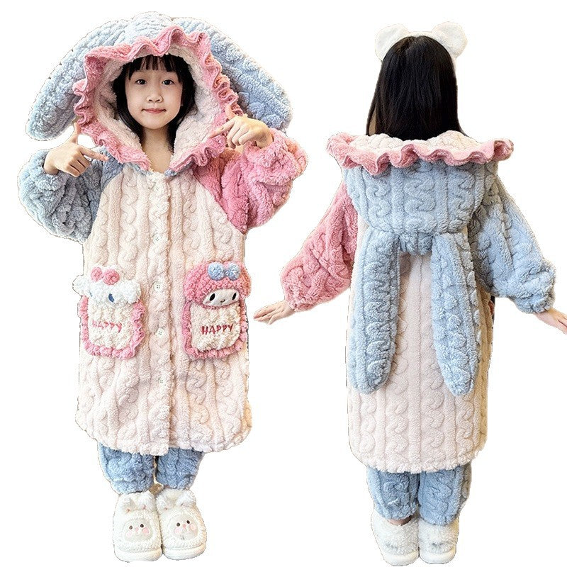 Girls' winter coral fleece pajamas, kids' robe autumn and winter set, flannel cartoon hooded loungewear