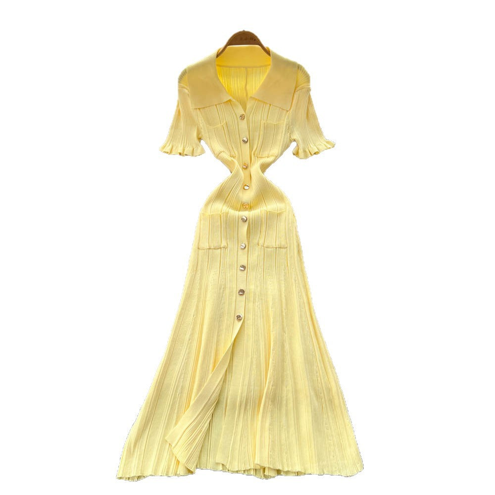 Korean style minimalist design turn-down collar knitted dress - women's summer slim fit, single-breasted, elegant long dress