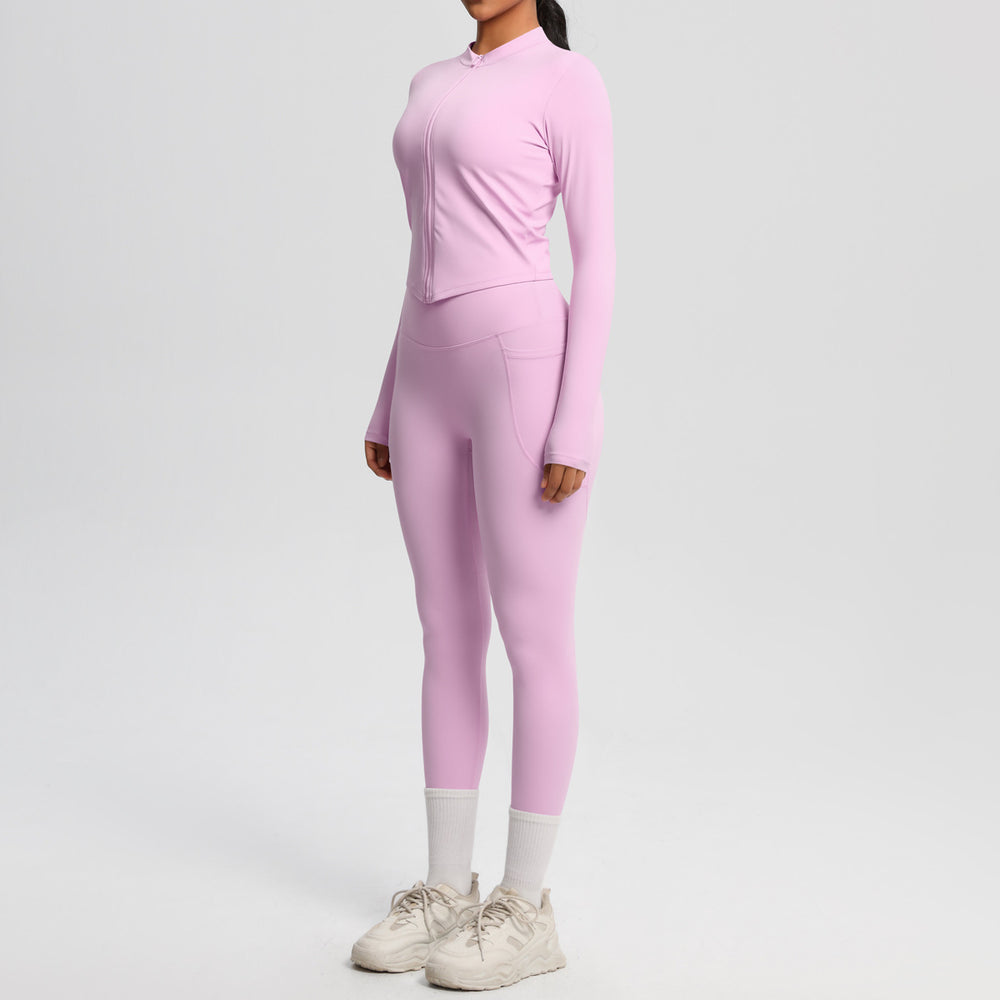 nude double-sided brushed tight long sleeves yoga suit outdoor running slimming look fitness pants sports suit women