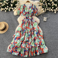 Frenchretrov neckruffle sleeve pleated floral dress women's summerhigh waistslimming look drape chiffon long skirt