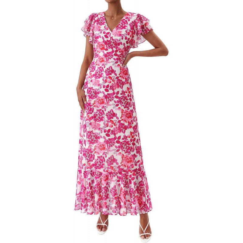 Summer floral maxi dress  spring short sleeve ruffle v-neck flowy bohemian beach vacation sundress