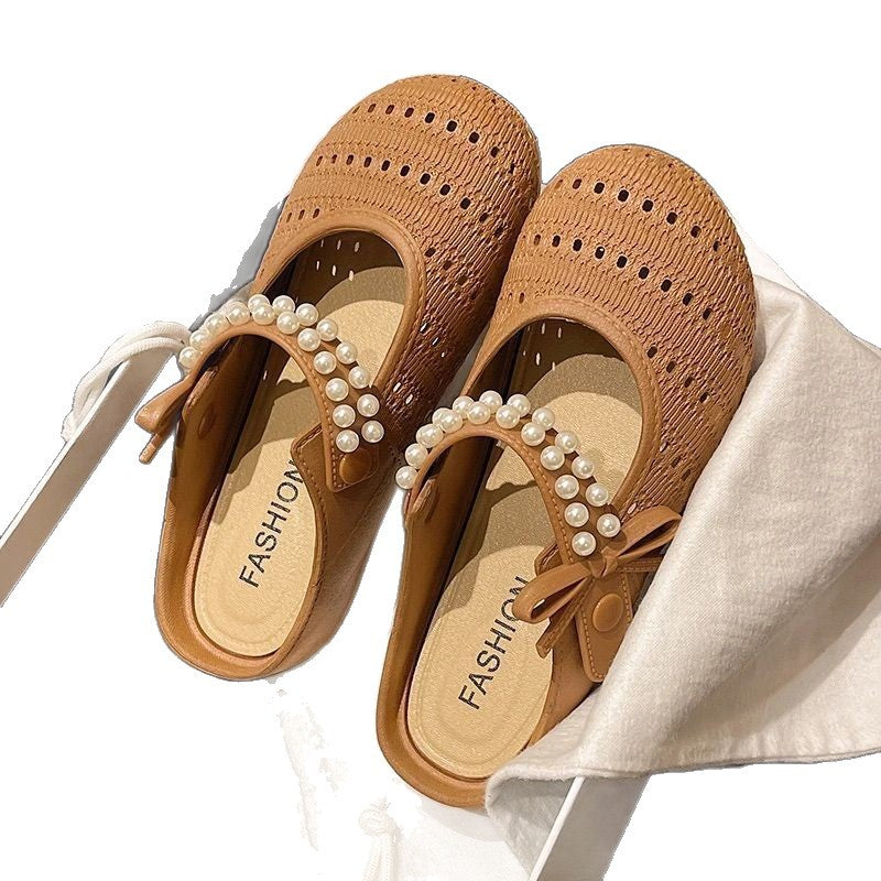 Can't shake off cut outsummer pearl toe slippers knittingfashion half slippers lazy one-leg flat toe shoes