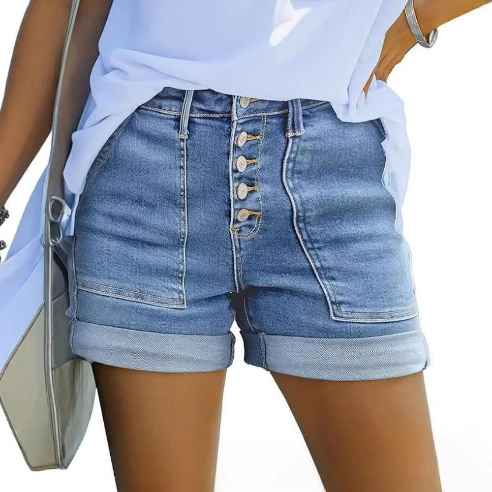 e-commerce  american style buttoned high waist cuffed denim shorts women's silmslimming look hip-covering hot pants standard code