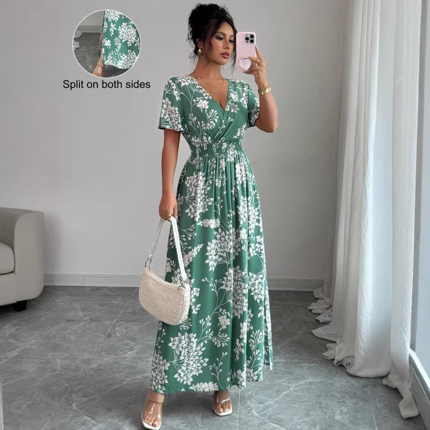 new cross-border french print v-neck summer women's dress