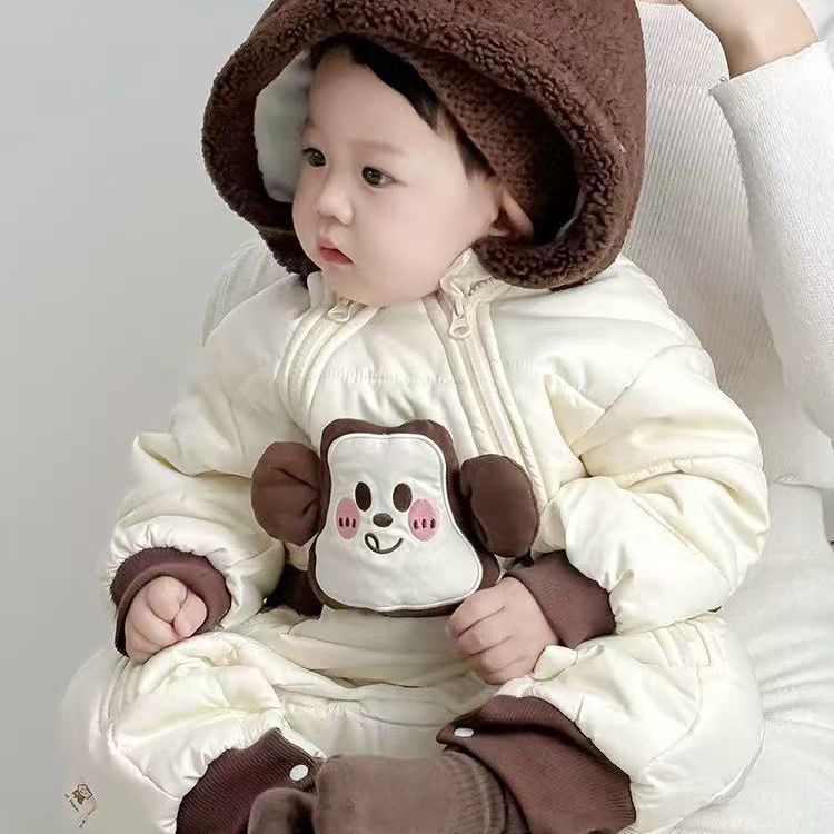 Korean style baby romper - winter fleece lined, extra thick, warm, cute cartoon design for boys and girls