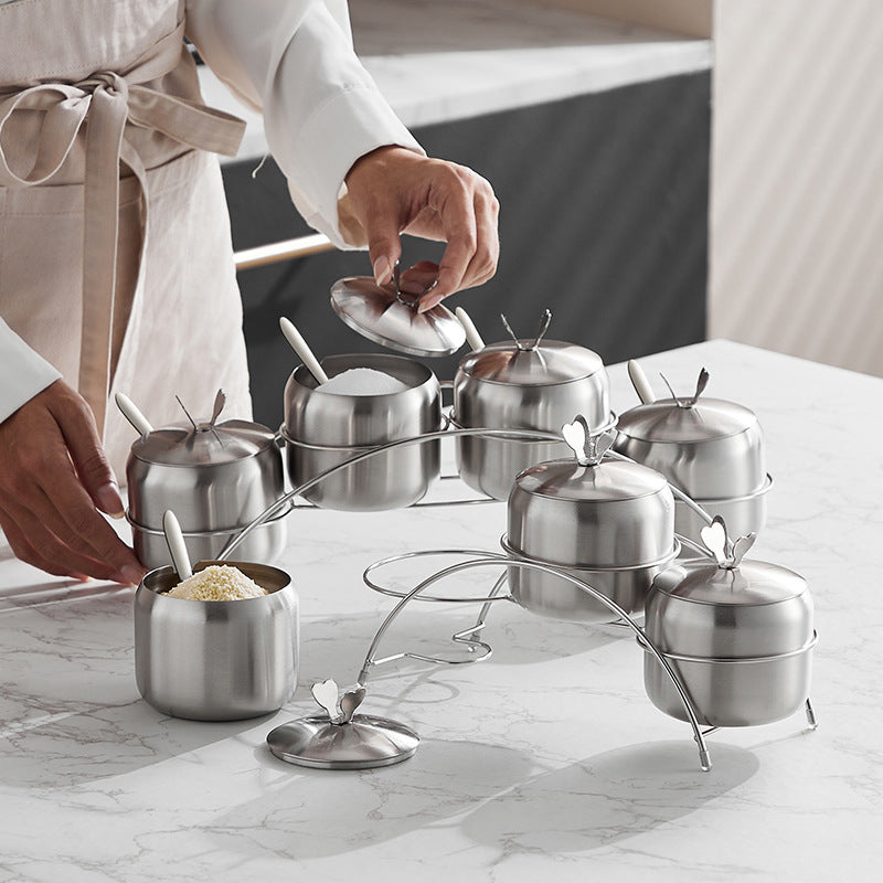 304 stainless steel spice jar set - rotating kitchen condiment organizer for home use - includes sugar, pepper, and seasoning containers