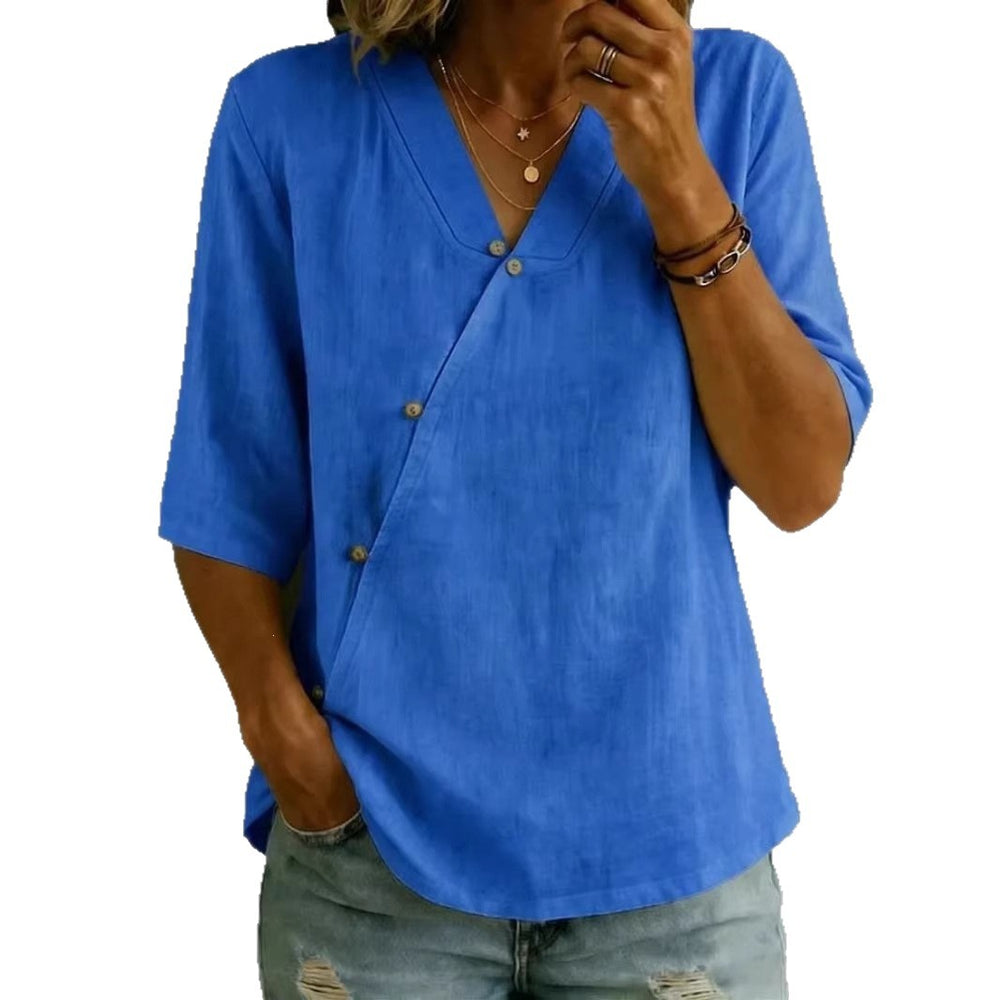 summer new women's solid color cotton linen european and american button-down top - cross-border e-commerce