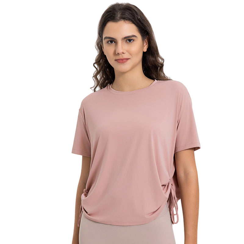 Hf millennium new arrival: cool, breathable, quick-dry drawstring ruched loose fit comfortable crew neck outdoor sports short sleeve t-shirt dss121