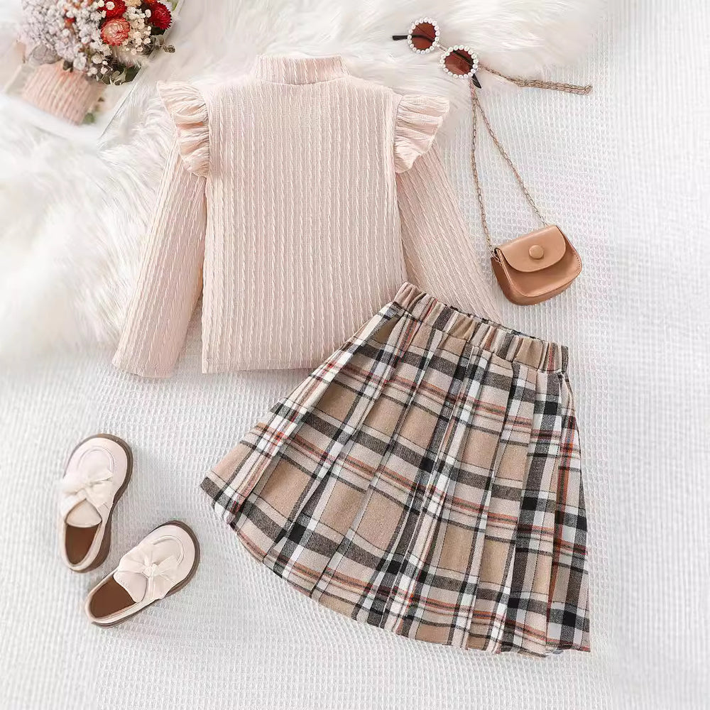Autumnexportgirlknittingsweatshirtlong sleevesstripessuit skirt european plaid skirt kidstwo-piece setpleated skirt