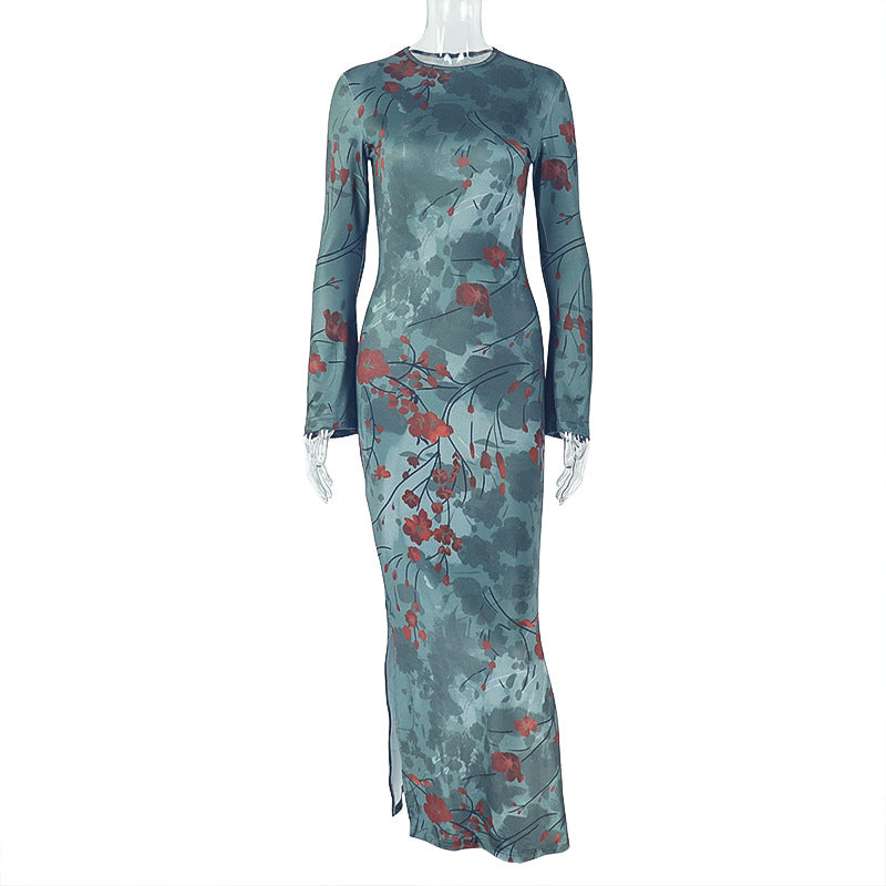 European and american style cross-border retro chic women's high neck slim fit bodycon maxi dress with long sleeves, floral print, and slit detail