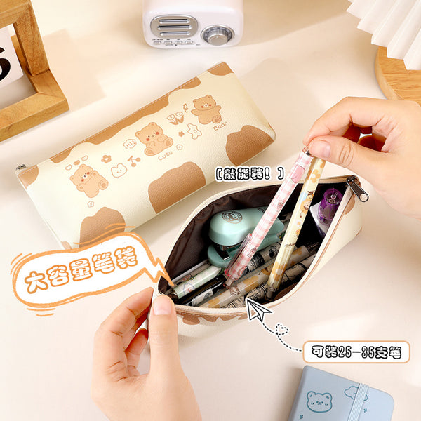 ins wind girl heart cartoon student stationery bag PU leather zipper bag storage bag rectangular pencil bag cosmetic bag
