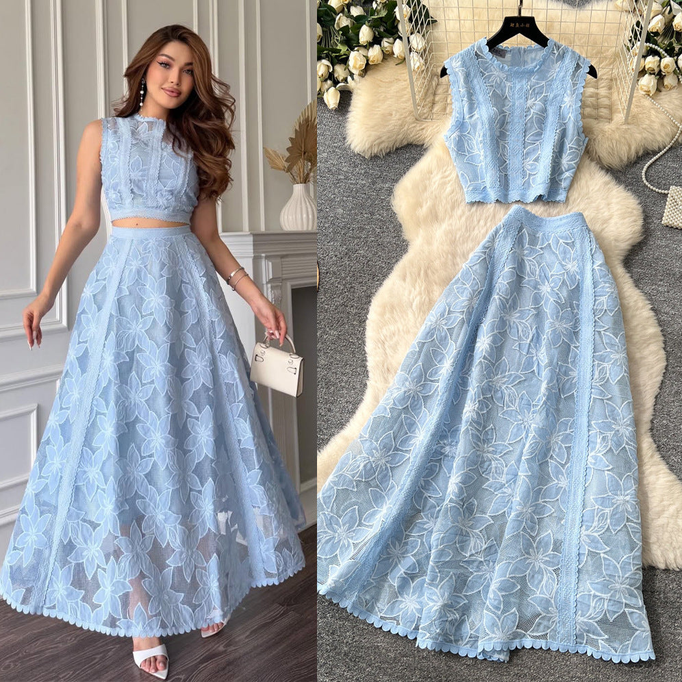 French lace cutout sleeveless two-piece set for women -  summer elegant high-end vest and midi skirt outfit