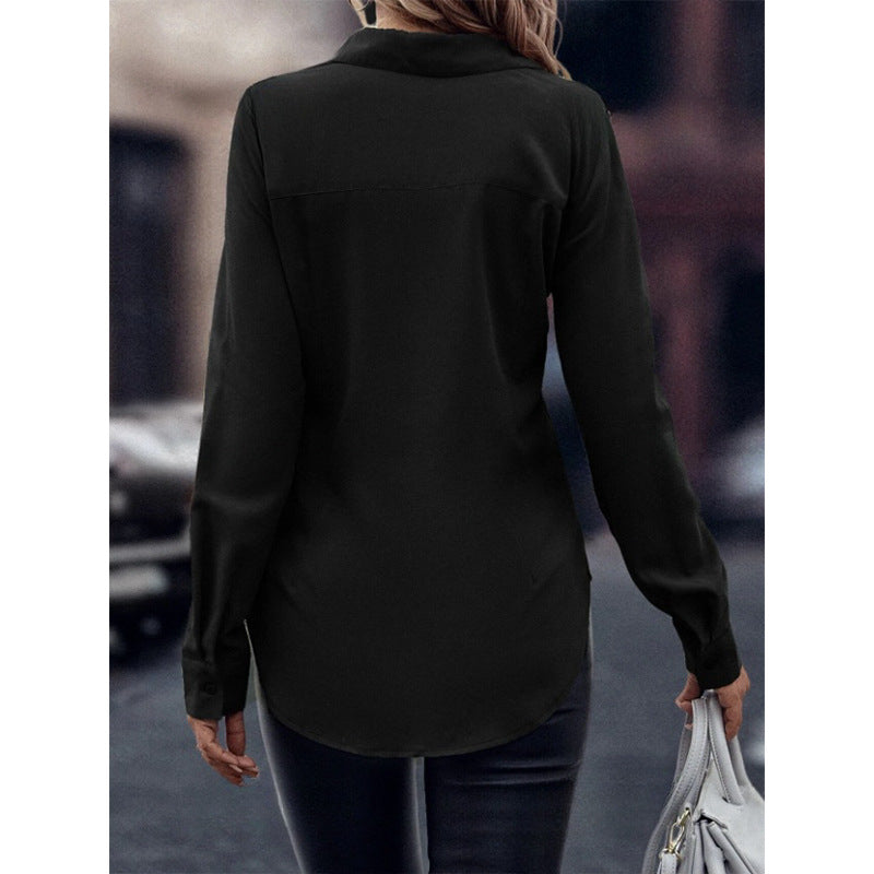Button-down women's blouse, double-breasted satin collar long sleeve top, commuter style slim-fit cardigan, cross-border women's apparel