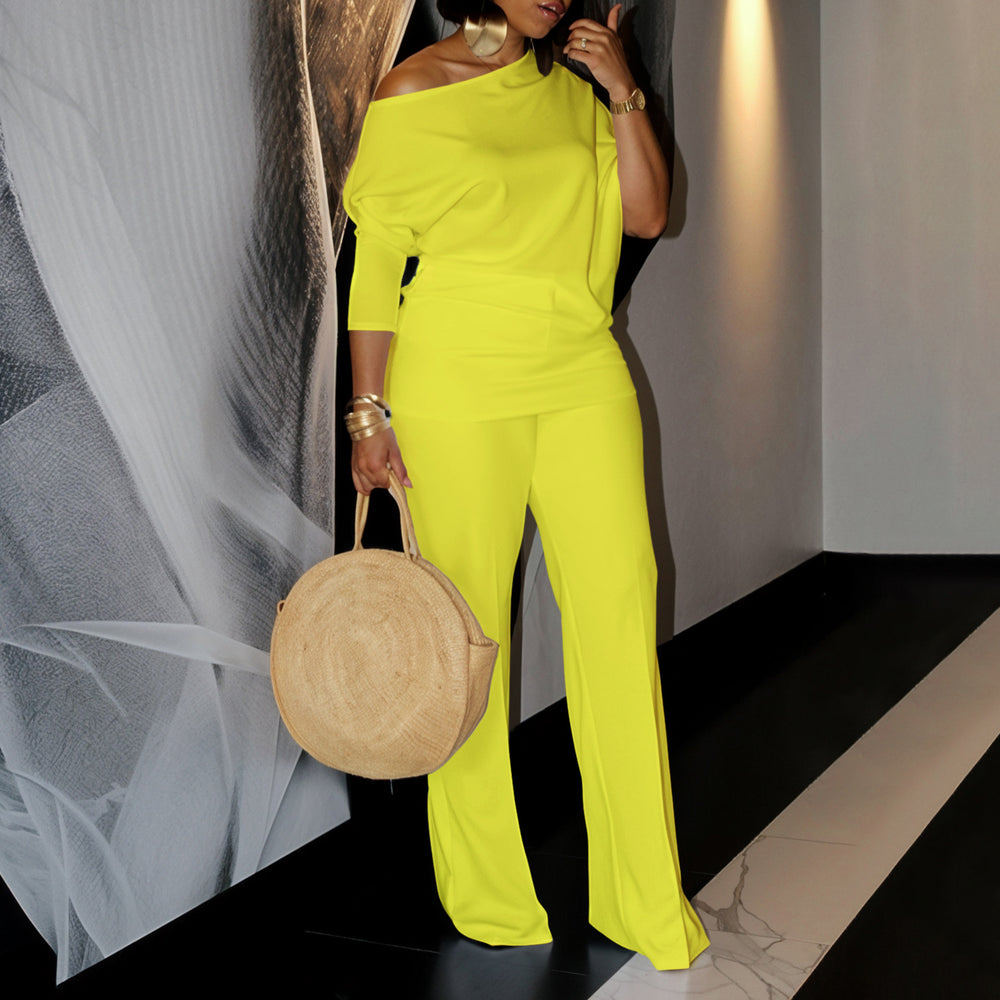D3298 women's foreign trade  autumn fashion solid color asymmetrical neck top wide leg pants african cross-border set