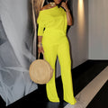 D3298 women's foreign trade  autumn fashion solid color asymmetrical neck top wide leg pants african cross-border set