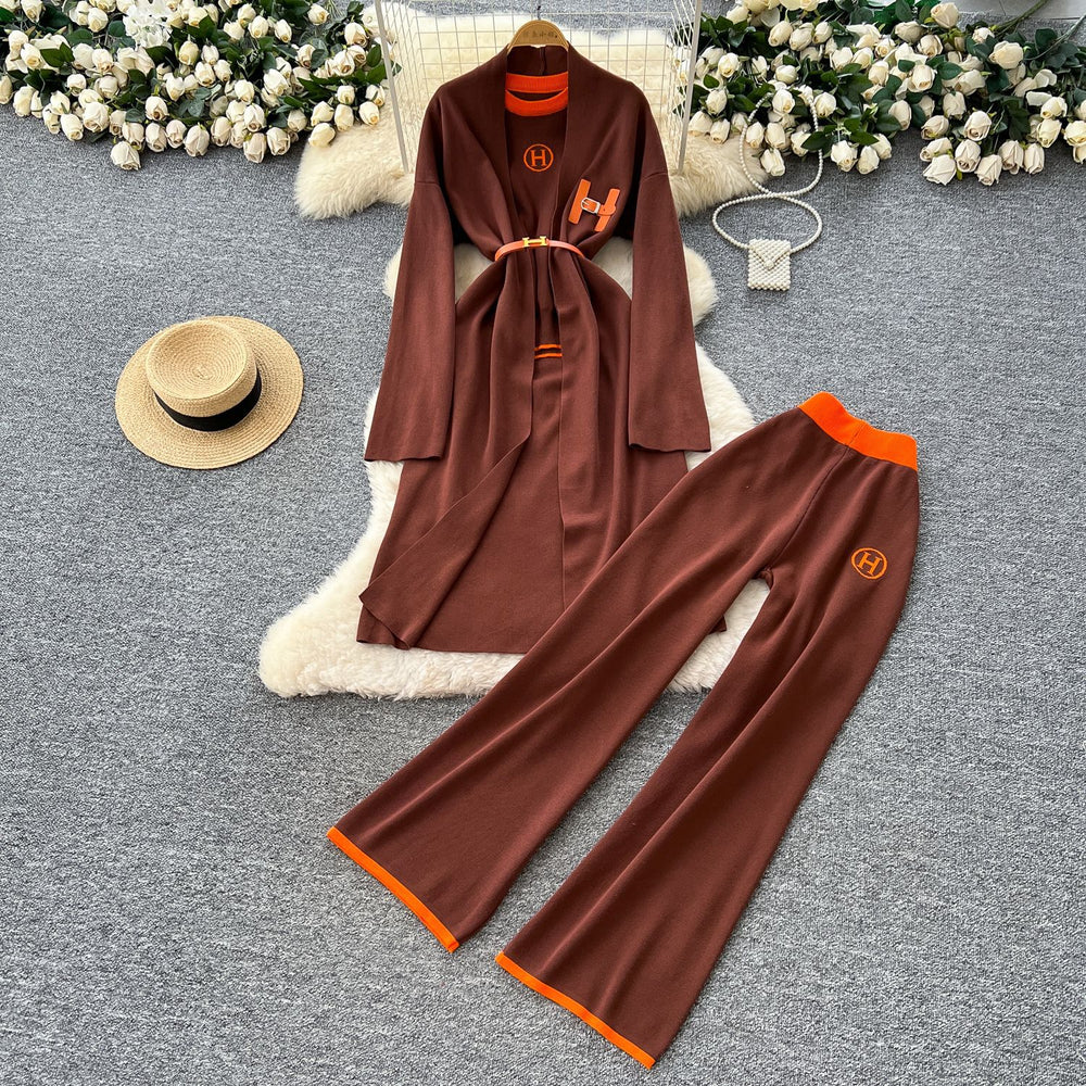 European and american fashion color block crew neck short sleeve knit top + cinched waist longline outerwear jacket + high-waisted pants three-piece set