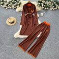 European and american fashion color block crew neck short sleeve knit top + cinched waist longline outerwear jacket + high-waisted pants three-piece set