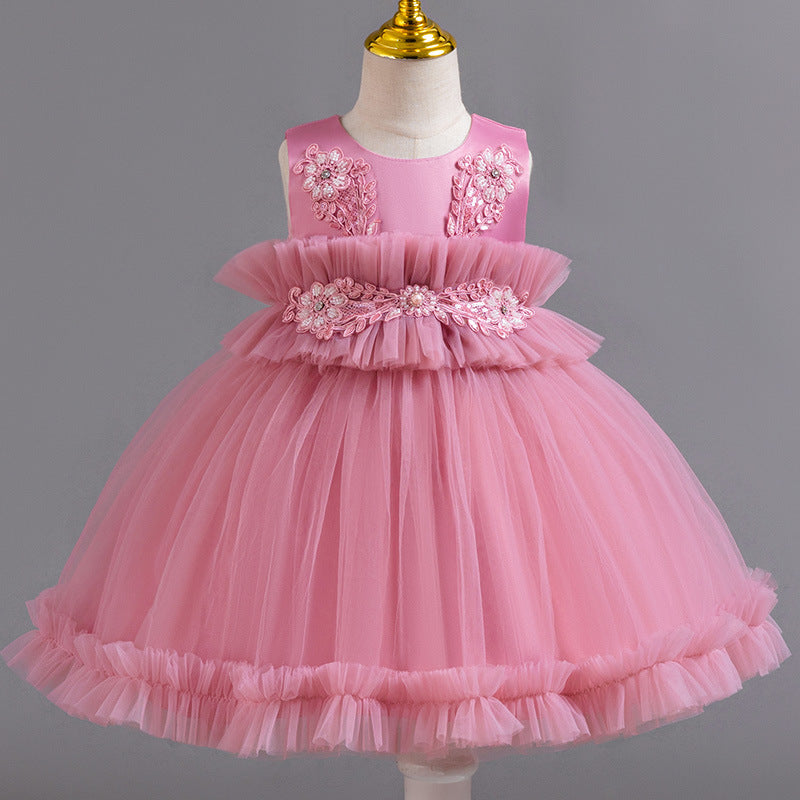 European and american wholesale girls' evening dresses lace pattern princess dress first birthday party gown flower girl dress