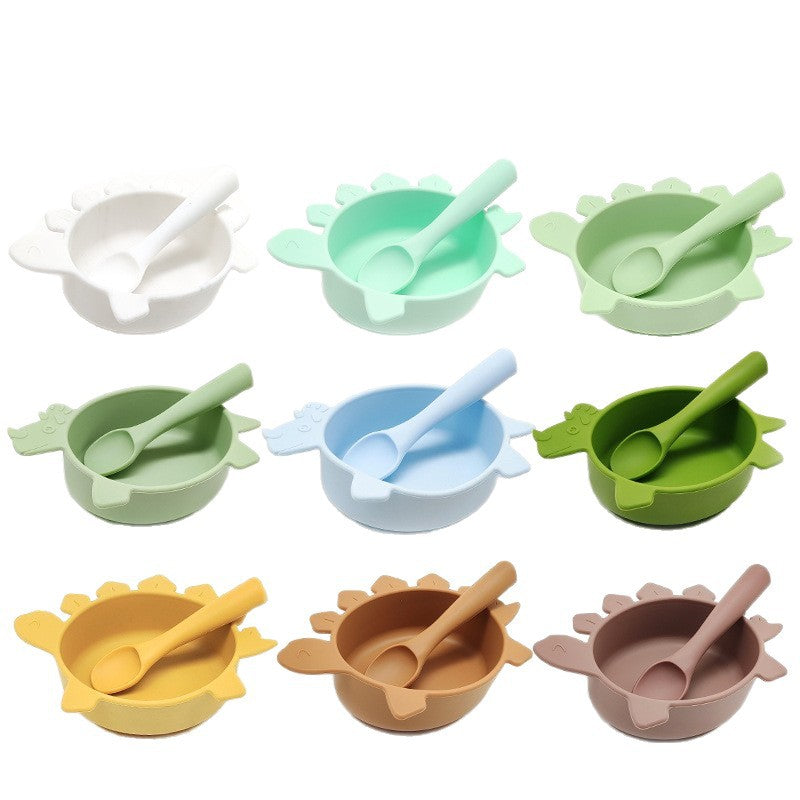 Cross-border hot-selling silicone dinosaur bowls and spoons, Mengqu non-slip tableware two-piece set, baby complementary food silicone bowls and spoons wholesale