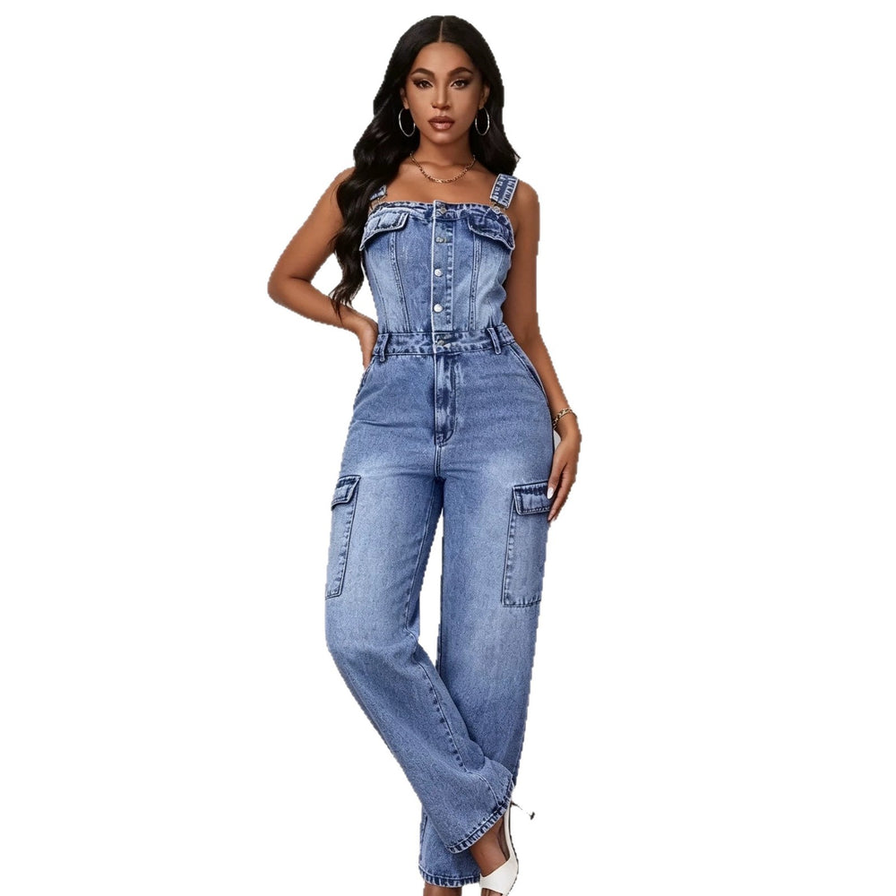 european and american  cross-border casual fashion sexy multi-pocket design high-quality denim jumpsuit women's clothing