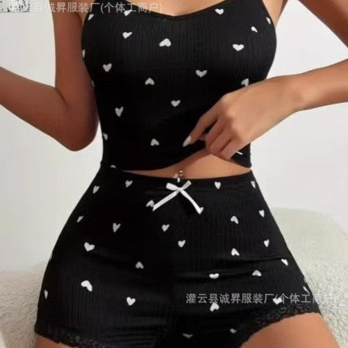 Amazon european and american style home wear multi-color heart print ribbed jacquard sexy lingerie set with camisole and shorts