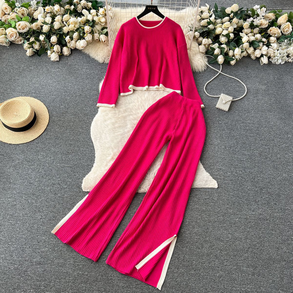 Hong kong style retrofashioncasualloose round neck long sleevesknitting shirttopstwo-piece set women's high waistcontrast color side pants