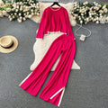 Hong kong style retrofashioncasualloose round neck long sleevesknitting shirttopstwo-piece set women's high waistcontrast color side pants