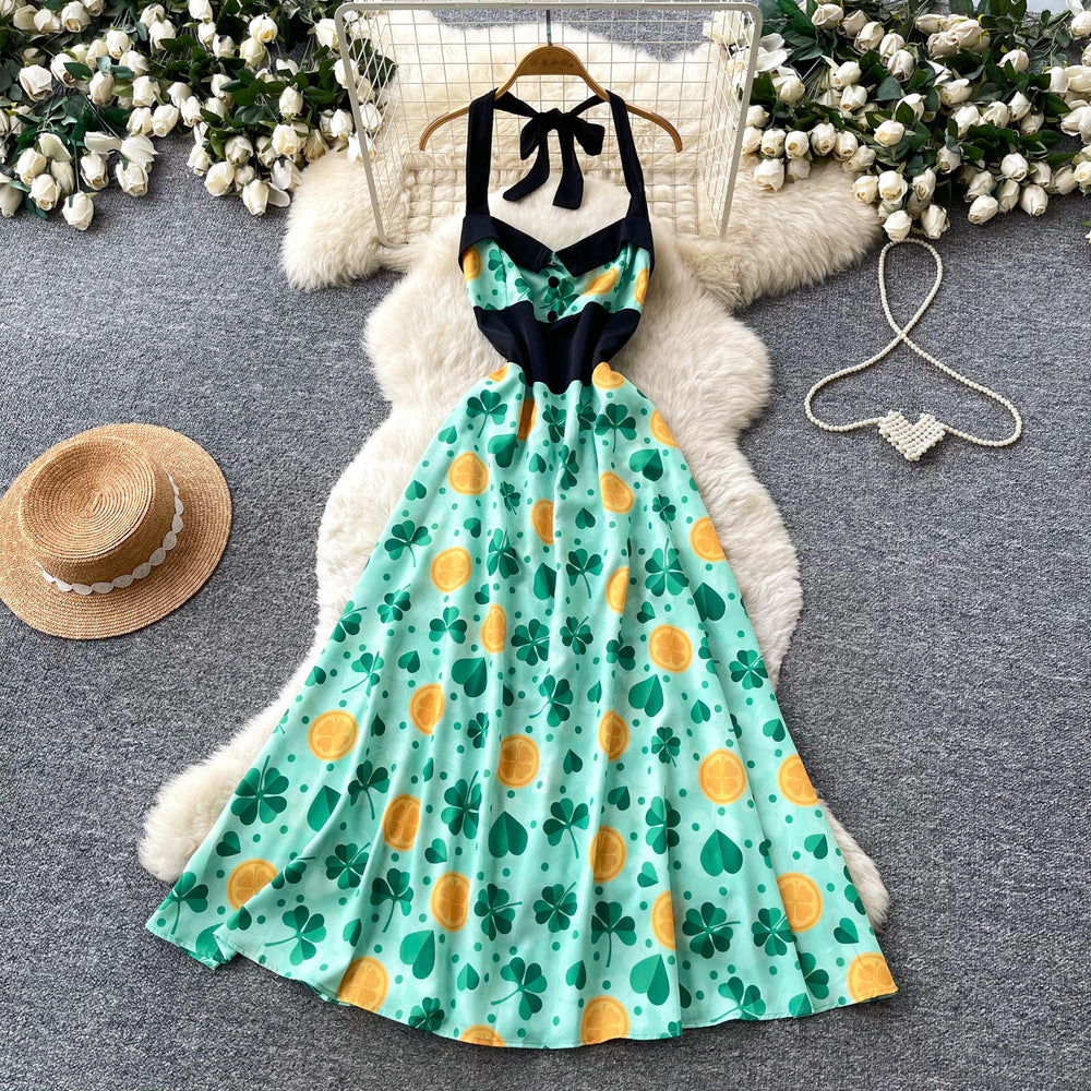Retro style halterprintingbacklessdress women's summer sleeveless tie back high waistslimming lookelegant a-line skirt