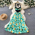 Retro style halterprintingbacklessdress women's summer sleeveless tie back high waistslimming lookelegant a-line skirt