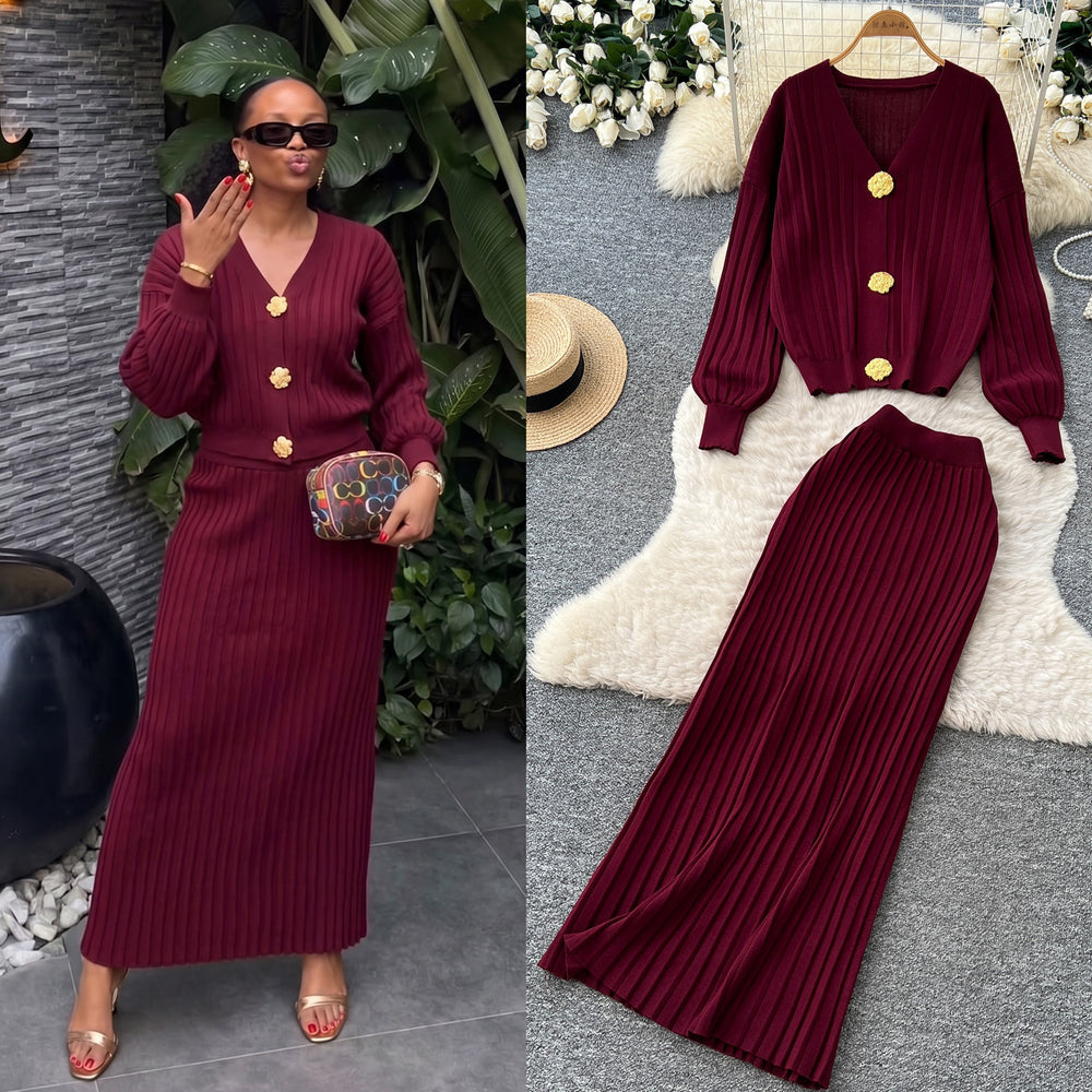 Lazy style metal buckle knittingcardigantopstwo-piece set women's autumclassy sense silm hip skirt suit