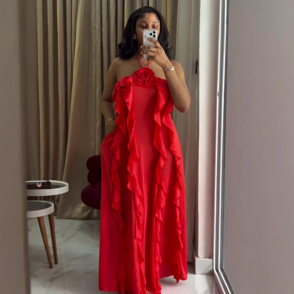European and american cross-border women's fashion:  summer new arrival - elegant sweet halter neck 3d floral ruffle trim cami dress
